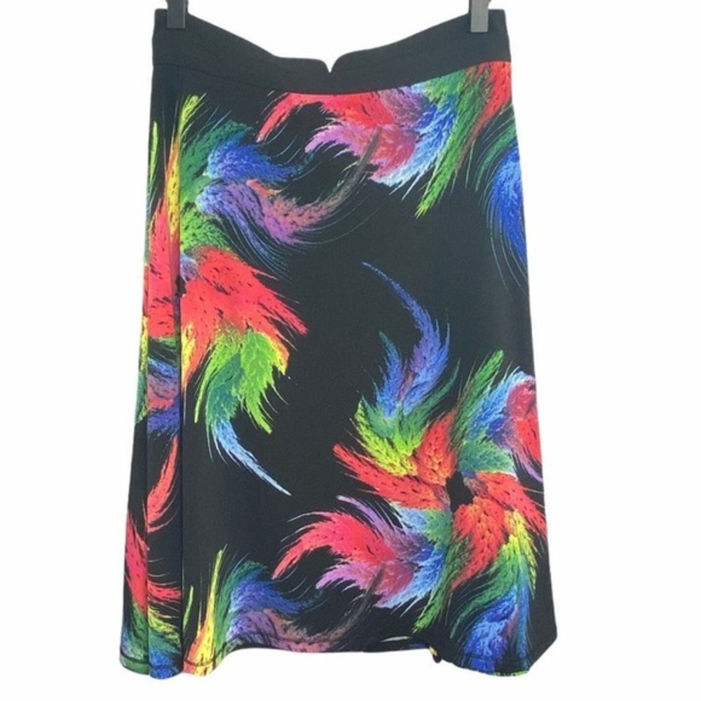 Carmen Marc Valvo Skirt Women 8 Black A-Line Colorful Feather Print Jersey‎
